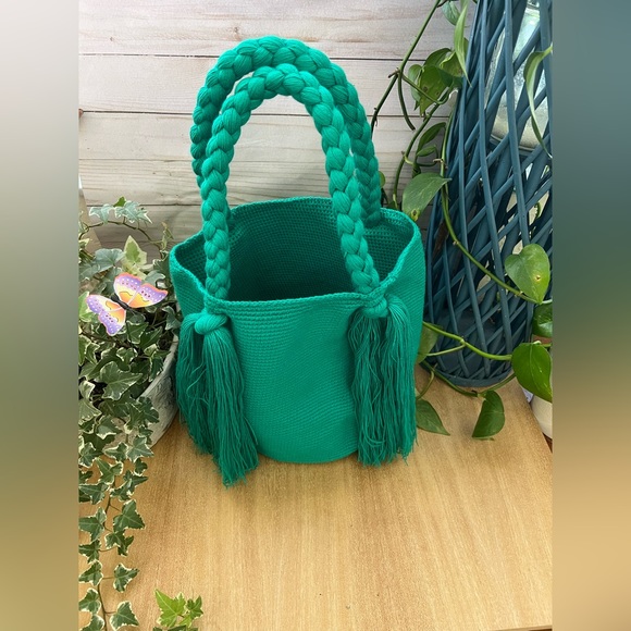 Classic Boho Chic Teal  Top Handle Wayuu Bag - Handwoven Trendy Tote Bag - Picture 2 of 7